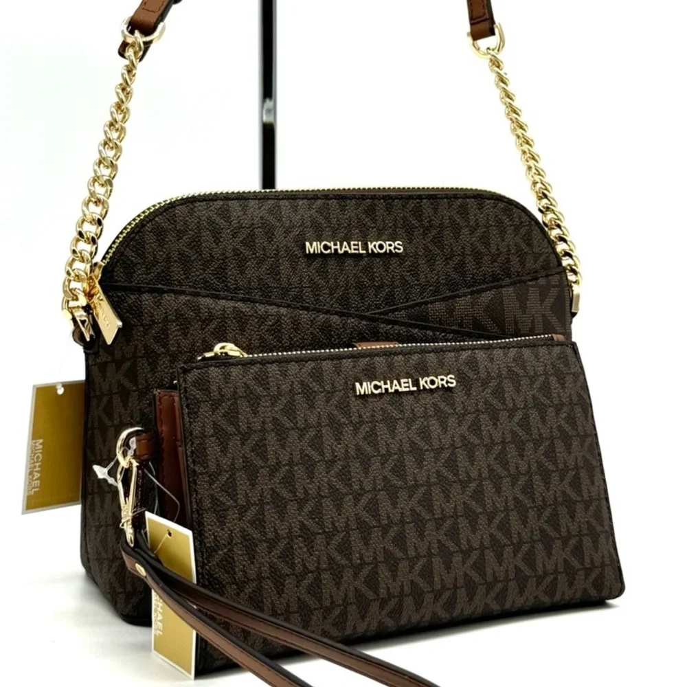 MICHAEL KORS Jet Set Travel Medium Dome Crossbody Bag & Double Zip Wallet Brown